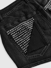 ROMWE Grunge Punk Y2K Plus Size Women Punk Indie Sleaze Music Festival Studded Mini Denim Shorts - Black - View 1