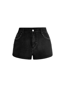 ROMWE Grunge Punk Y2K Plus Size Women Punk Indie Sleaze Music Festival Studded Mini Denim Shorts - Black - View 2