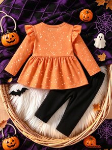 Newborn Spring/Autumn Brown Heart Print Top With Bow Knot Decor Pure Black Long Pants  2-Piece Set Suitable For Outings, Sports, Christmas Parties - Multicolor - View 2