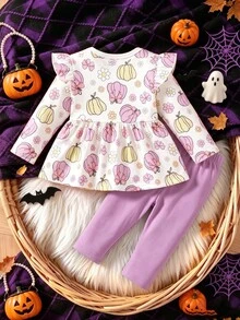 Newborn Spring/Autumn Brown Heart Print Top With Bow Knot Decor Pure Black Long Pants  2-Piece Set Suitable For Outings, Sports, Christmas Parties - Multicolor - View 6