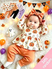 Newborn Spring/Autumn Brown Heart Print Top With Bow Knot Decor Pure Black Long Pants  2-Piece Set Suitable For Outings, Sports, Christmas Parties - Multicolor - View 1