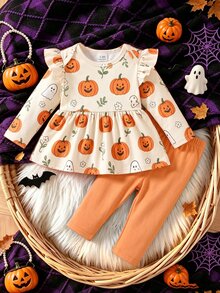 Newborn Spring/Autumn Brown Heart Print Top With Bow Knot Decor Pure Black Long Pants  2-Piece Set Suitable For Outings, Sports, Christmas Parties - Multicolor - View 4