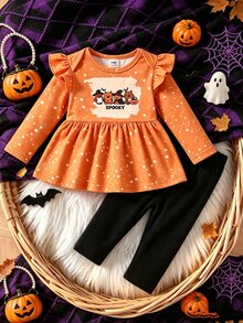 Newborn Spring/Autumn Brown Heart Print Top With Bow Knot Decor Pure Black Long Pants  2-Piece Set Suitable For Outings, Sports, Christmas Parties - Multicolor - View 7
