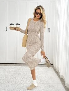 Easowa Women's Autumn Casual Slim Fit Midi Dress Brunch Beige - Multicolor - View 5