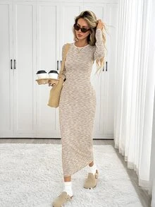 Easowa Women's Autumn Casual Slim Fit Midi Dress Brunch Beige - Multicolor - View 3