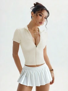 Dewbera Dewbera 修身百搭瑜伽外套，性感立领拉链短袖女式运动服 - 杏色 - 查看 4