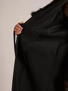 SHEIN BAE 女款復古人造毛拼接領大衣 - 黑色 - 查看 7
