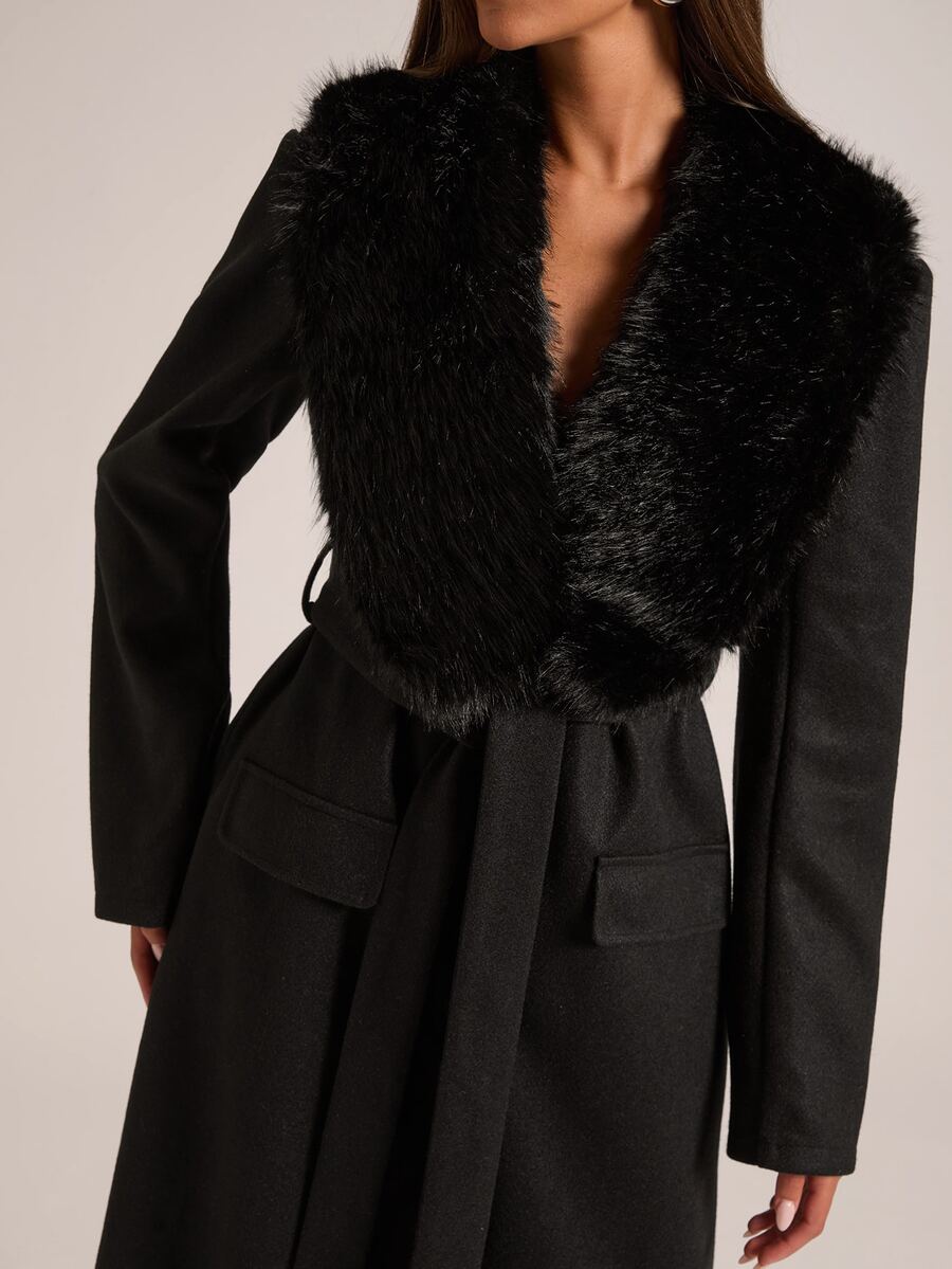 SHEIN BAE Women's Vintage Faux Fur Patchwork Collar Overcoat - Black - View 1
