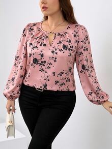 SHEIN Clasi Plus Size Elegant Floral Print Blouse Fall - Pink - View 1