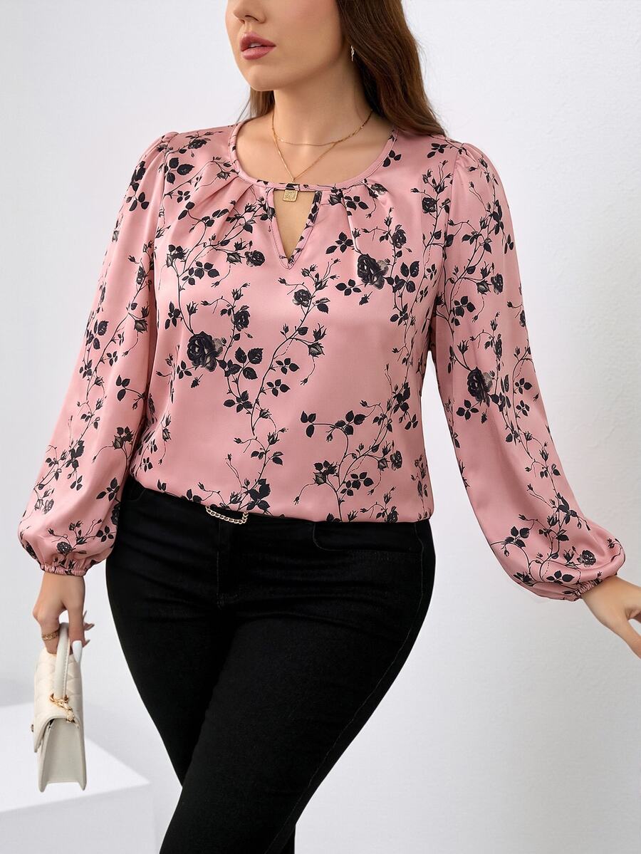 SHEIN Clasi Plus Size Elegant Floral Print Blouse Fall - Pink - View 1