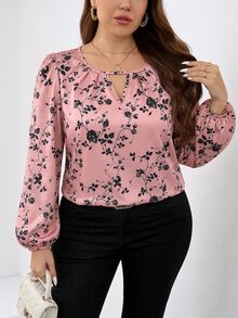 SHEIN Clasi Plus Size Elegant Floral Print Blouse Fall - Pink - View 5