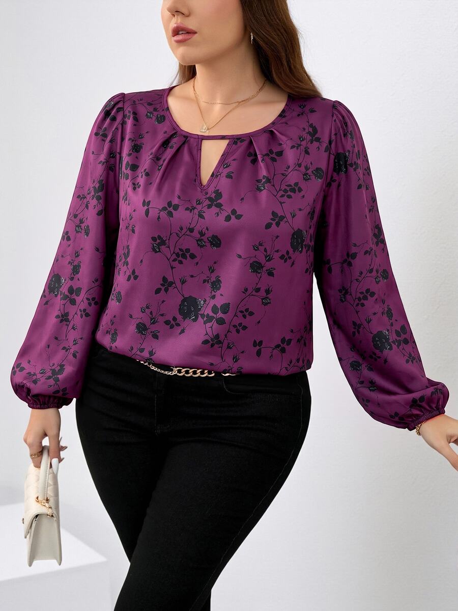 SHEIN Clasi Plus Floral Print Keyhole Neckline Lantern Sleeve Blouse Fall - Multicolor - View 1