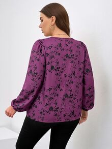 SHEIN Clasi Plus Floral Print Keyhole Neckline Lantern Sleeve Blouse Fall - Multicolor - View 2