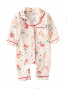 SHEIN 新生兒居家秋冬連身睡衣，棉質皺褶布料配滾邊飾邊 - 彩色 - 查看 6