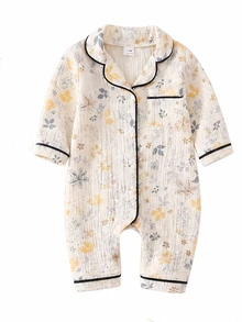 SHEIN 新生兒居家秋冬連身睡衣，棉質皺褶布料配滾邊飾邊 - 彩色 - 查看 9