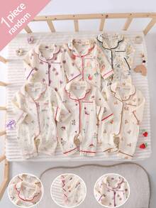 SHEIN 新生兒居家秋冬連身睡衣，棉質皺褶布料配滾邊飾邊 - 彩色 - 查看 4