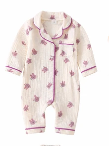 SHEIN 新生兒居家秋冬連身睡衣，棉質皺褶布料配滾邊飾邊 - 彩色 - 查看 8