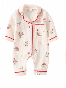 SHEIN 新生兒居家秋冬連身睡衣，棉質皺褶布料配滾邊飾邊 - 彩色 - 查看 5