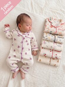 SHEIN 新生兒居家秋冬連身睡衣，棉質皺褶布料配滾邊飾邊 - 彩色 - 查看 3