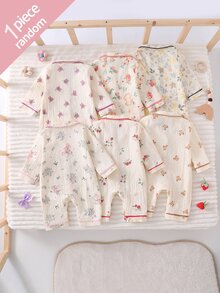 SHEIN 新生兒居家秋冬連身睡衣，棉質皺褶布料配滾邊飾邊 - 彩色 - 查看 2