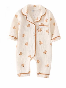 SHEIN 新生兒居家秋冬連身睡衣，棉質皺褶布料配滾邊飾邊 - 彩色 - 查看 7