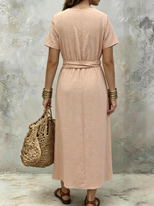 Ceyna Plus Size Spring/Summer Beige Casual Soft Form Boho Vacation V-Neck Waist Tie Button Short Sleeve Mid-Length Dress Brunch Wedding Guest Formal - Khaki - View 2