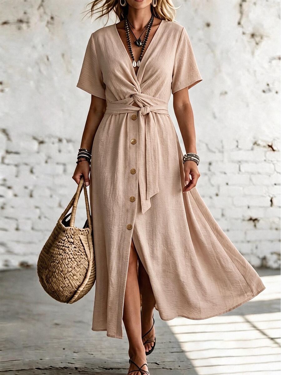 Ceyna Plus Size Spring/Summer Beige Casual Soft Form Boho Vacation V-Neck Waist Tie Button Short Sleeve Mid-Length Dress Brunch Wedding Guest Formal - Khaki - View 1