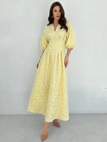 Firerie 女款優雅通勤辦公度假浪漫精緻V領燈籠袖百褶腰A字中長白色洋裝，秋季新年沙烏地風 - 淡黃色 - 查看 5