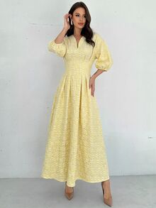 Firerie 女款優雅通勤辦公度假浪漫精緻V領燈籠袖百褶腰A字中長白色洋裝，秋季新年沙烏地風 - 淡黃色 - 查看 8