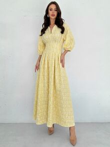 Firerie 女款優雅通勤辦公度假浪漫精緻V領燈籠袖百褶腰A字中長白色洋裝，秋季新年沙烏地風 - 淡黃色 - 查看 10