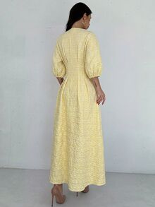 Firerie 女款優雅通勤辦公度假浪漫精緻V領燈籠袖百褶腰A字中長白色洋裝，秋季新年沙烏地風 - 淡黃色 - 查看 6