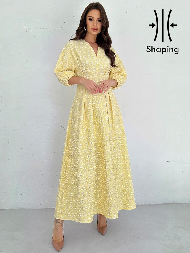 Firerie Women's Elegant Commute Office Vacation Romantic Exquisite V-Neck Lantern Sleeve Pleated Waist A-Line Mid-Length White Dress, Fall New Year Fall Saudi - Light Yellow - View 9