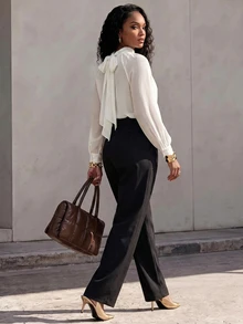 Eryvara Blus Lengan Panjang Wanita Model Baru Musim Semi/Gugur dengan Pita Elegan, Serbaguna untuk Bepergian, Bisnis, Pesta, dan Belanja - Putih - View 2