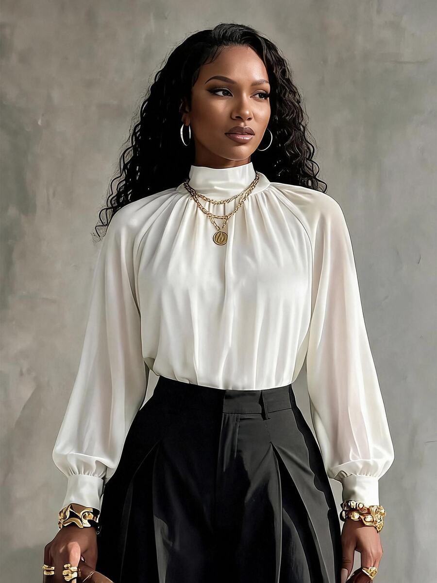 Eryvara Blus Lengan Panjang Wanita Model Baru Musim Semi/Gugur dengan Pita Elegan, Serbaguna untuk Bepergian, Bisnis, Pesta, dan Belanja - Putih - View 1