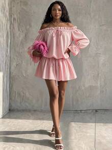Eryvara Women's Fall Light Pink Cold Shoulder Drawstring Dress,Lantern Sleeve Tie-Front Top With Drawstring Shorts,Dinner Occasion Wear For Daily Date Vacation - Pink - View 7