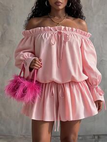 Eryvara Women's Fall Light Pink Cold Shoulder Drawstring Dress,Lantern Sleeve Tie-Front Top With Drawstring Shorts,Dinner Occasion Wear For Daily Date Vacation - Pink - View 6