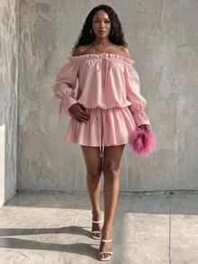 Eryvara Women's Fall Light Pink Cold Shoulder Drawstring Dress,Lantern Sleeve Tie-Front Top With Drawstring Shorts,Dinner Occasion Wear For Daily Date Vacation - Pink - View 5