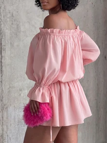 Eryvara Women's Fall Light Pink Cold Shoulder Drawstring Dress,Lantern Sleeve Tie-Front Top With Drawstring Shorts,Dinner Occasion Wear For Daily Date Vacation - Pink - View 3