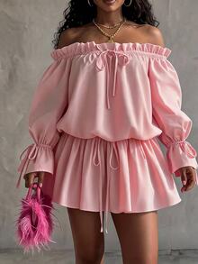 Eryvara Women's Fall Light Pink Cold Shoulder Drawstring Dress,Lantern Sleeve Tie-Front Top With Drawstring Shorts,Dinner Occasion Wear For Daily Date Vacation - Pink - View 8