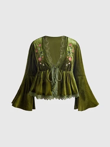 ROMWE Fairycore Plus Size Autumn/Winter Vintage Mori Style Floral Embroidered Velvet Drawstring Open Front A-Line Top Renaissance Festival&Renaissance Faire - Green - View 1