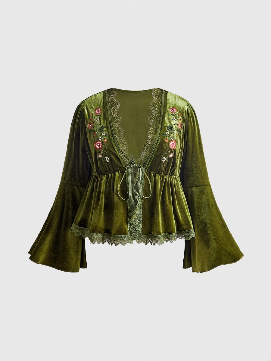 ROMWE Fairycore Plus Size Autumn/Winter Vintage Mori Style Floral Embroidered Velvet Drawstring Open Front A-Line Top Renaissance Festival&Renaissance Faire - Green - View 1