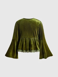 ROMWE Fairycore Plus Size Autumn/Winter Vintage Mori Style Floral Embroidered Velvet Drawstring Open Front A-Line Top Renaissance Festival&Renaissance Faire - Green - View 2