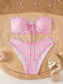 Swim Mod 女款夏季性感熱帶歐式極簡花卉印花綁帶露背比基尼套裝，適合海灘度假，淺藍色花卉 - 彩色 - 查看 6