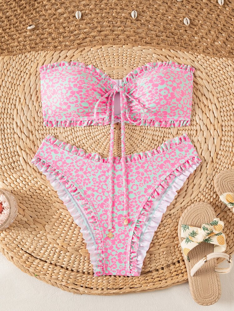 Swim Mod Women's Summer Sexy Tropical European Minimalist Floral Print Tie-Up Backless Bikini Set Suitable For Beach Vacation Light Blue Floral - Multicolor - View 6