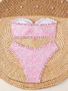 Swim Mod 女款夏季性感熱帶歐式極簡花卉印花綁帶露背比基尼套裝，適合海灘度假，淺藍色花卉 - 彩色 - 查看 2