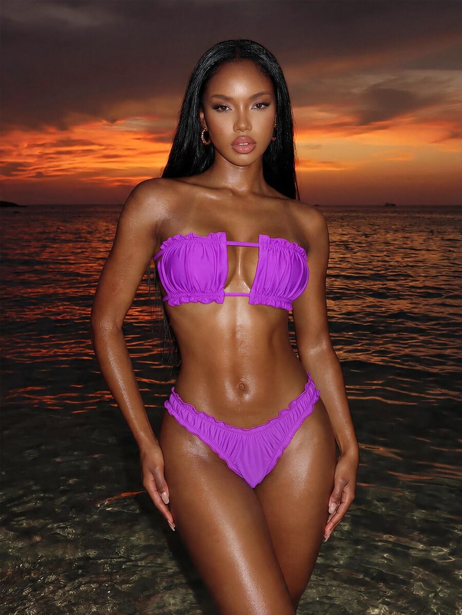 Swim Vcay Summer Beach Frill Trim Bandeau Bikini Set - Purple - View 1