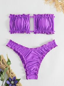 Swim Vcay Summer Beach Frill Trim Bandeau Bikini Set - Purple - View 4