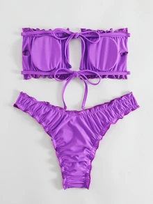 Swim Vcay Summer Beach Frill Trim Bandeau Bikini Set - Purple - View 7