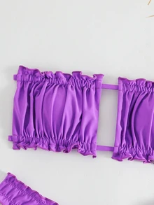 Swim Vcay Summer Beach Frill Trim Bandeau Bikini Set - Purple - View 3