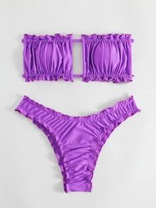 Swim Vcay Summer Beach Frill Trim Bandeau Bikini Set - Purple - View 5